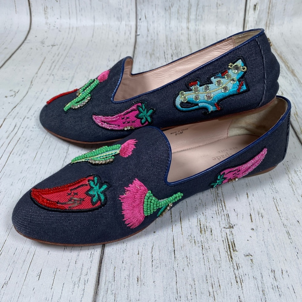 Kate Spade Denim Embellished Loafers Beaded Embroidered Rhinestone